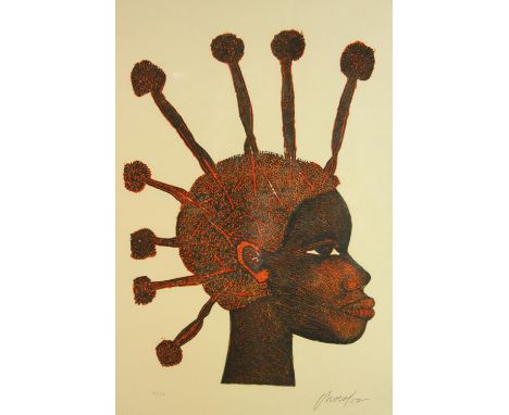 Eduardo Roca Salazar (Choco) (Cuban b.1949) Cabeza Africana, portrait of a man, coloured limited editon coloured print, penci