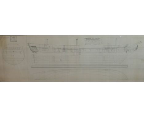 A coloured print of the plans of His Majesty's boat Surprise. framed. H.62 W.148cm 