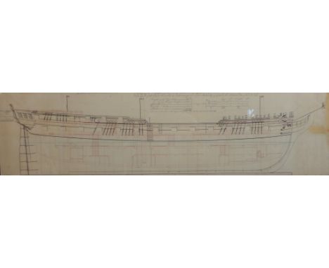 A coloured print of the drawings for an 18th century boat. H.53 W.147cm 