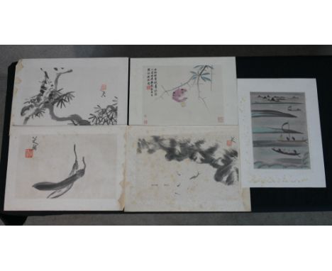 On the River, mural from cave No.208, a 20th Chinese school coloured woodblock print on paper, signed and unframed together w