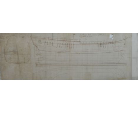 A coloured print of the plans of His Majesty's boat Endeavour in 1768. framed. H.53 W.118cm 