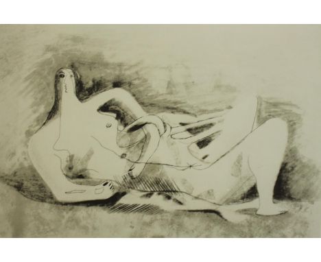 Henry Moore (British 1898-1986)  Reclining Nude, a framed print on paper.  H.89. W.109cm. 