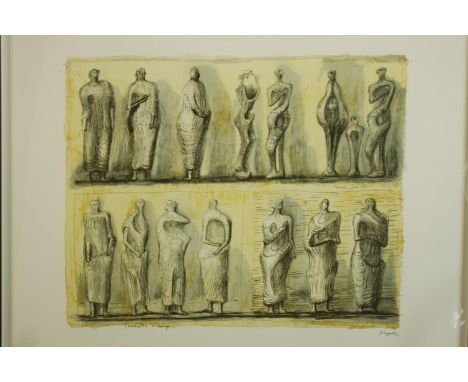 Henry Moore (British,1898-1986), Standing Figures, a framed pencil signed print on paper. H.100 W.118cm. 