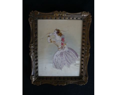 An early 20th century embroidered needlework tapestry of a female archer, framed. H.24 W.19cm 