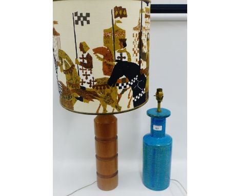 Italian pottery blue glazed Bitossi style table lamp base, 36cm high, excluding fitting, together with a retro teak table lam