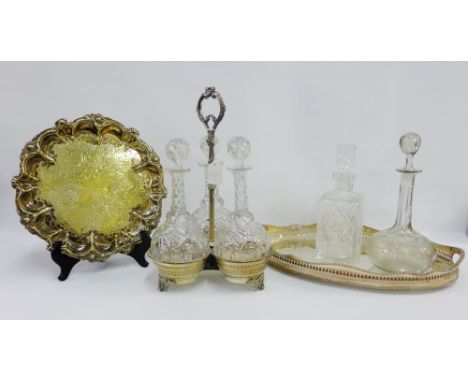 Epns triple decanter stand, two Epns trays and various decanters with stoppers (a lot) 