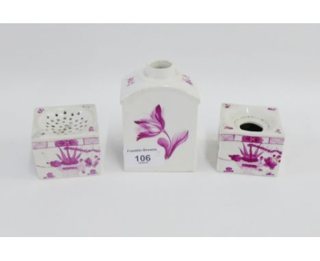Meissen white glazed miniature caddy with puce flowers and blue glazed cross swords mark to the base, together with a pair of
