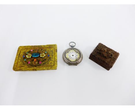 Lady's continental silver cased fob watch (a/f) together with a gilt metal and paste set box and a small carved wooden box (3