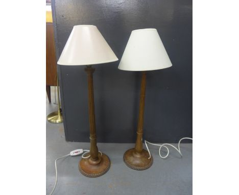 Pair of wooden table lamp bases with shades, 55cm high, excluding fittings, (2) 