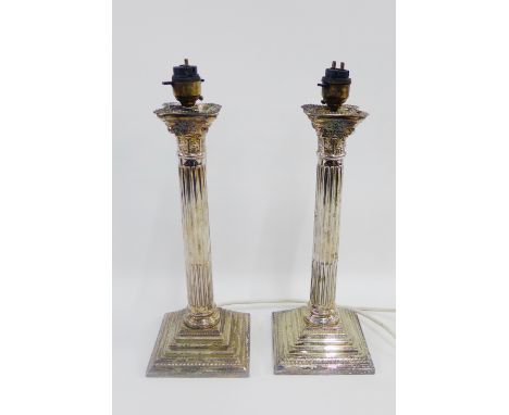 Pair of Epns Corinthian column table lamp bases, 35cm high, including fittings, (2) 