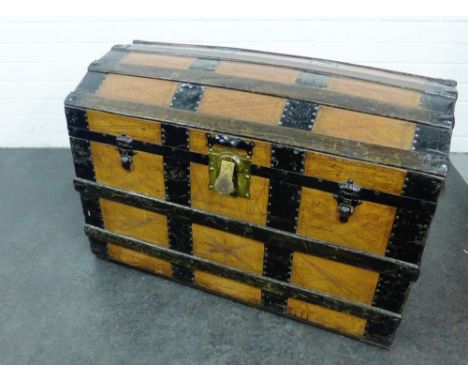 Metal bound trunk with domed top and brass clasp, 58 x 88cm 