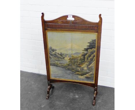 Oak framed fire screen with Mount Fuji scene, 100 x 58cm 