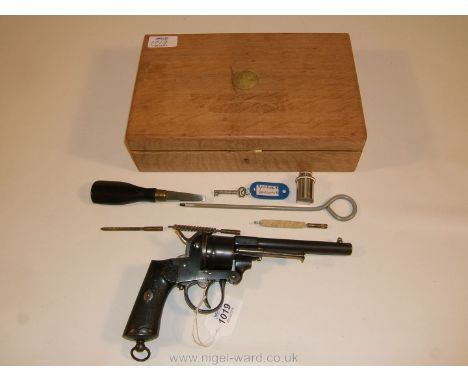 A Liege Proof Marked 9 mm. pin-fire, drop-breach 6 shot Revolver having a 5 1/8" long rifled barrel, decorative checkered woo