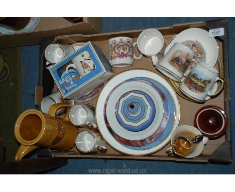 A quantity of plates including Wedgwood plates, Poole plates, six Old Foley transport mugs and a quantity of royal memorabili