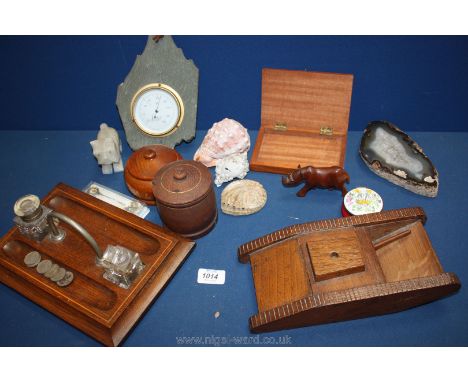 A quantity of miscellanea including various shells, slate barometer, piece of agate, wooden pen stand with inkwells, a card b