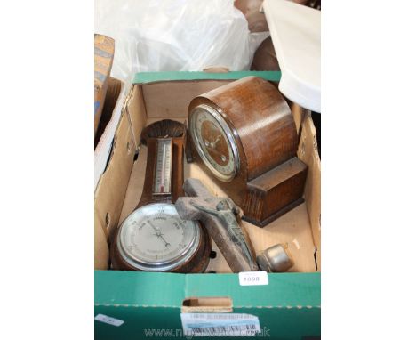 A Mantle Clock, barometer/thermometer and crucifix