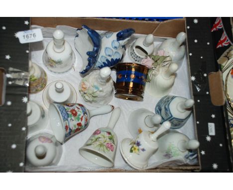 A Collection of Fifteen Ceramic Hand Bells T/W a Lustre Tankard and a Faience Cockerel.