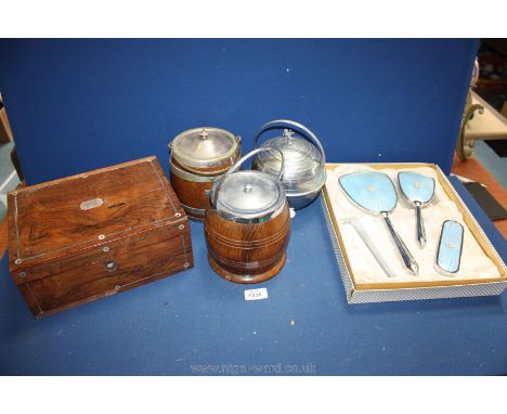 Two wooden biscuit Barrels, chrome lidded ice bucket and a dressing table set, brush, mirror, comb and old wooden Writing box