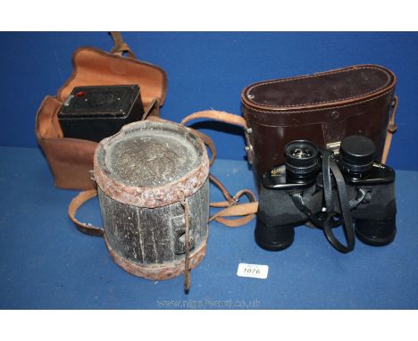 A pair of Hilkinson, Argyll, 8x40 super wide angle binoculars, costrel (a/f) and a box Brownie camera in a canvas bag