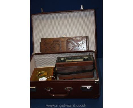 A small British made Pioneer luggage Suitcase together with a wooden book slide, a Roberts radio, a McVitie & Price Ltd. Coro