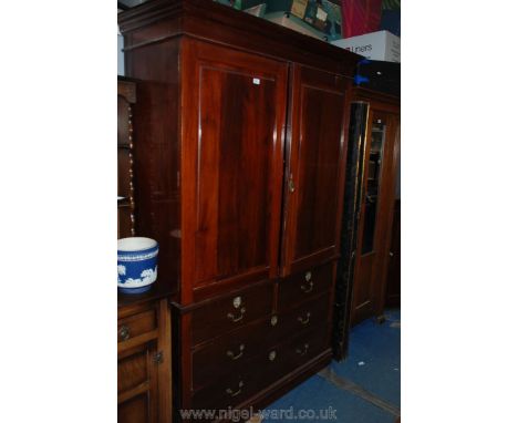 A 19th c. Mahogany Linen Press, moulded cornice over opposing pair of single raised and fielded panel doors revealing shelf o