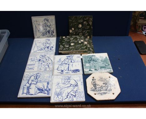 Four Victorian tiles, a Wedgwood "October" tile, six Minton and Hollins tiles, etc.