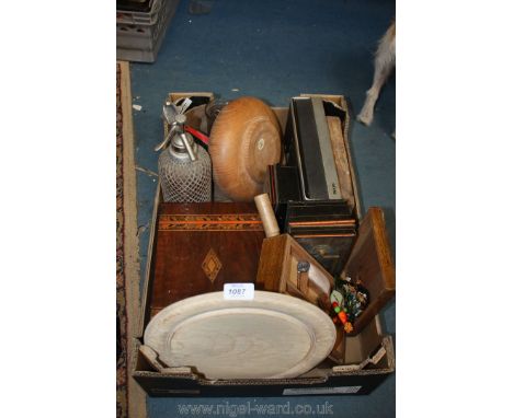 A quantity of miscellaneous including an old door lock, soda syphon, treen, thermometer, Ovaltine mixer, Phillips radio, etc