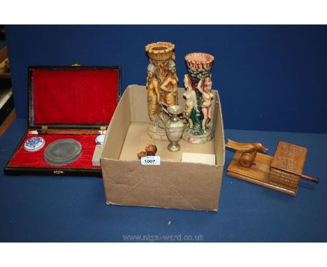 A quantity of miscellaneous including a modern Chinese writing and seal set, a bottle stopper (a/f), a wooden cigarette case,