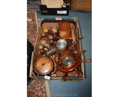 A quantity of Treen including candlesticks, barometer, biscuit barrels, etc