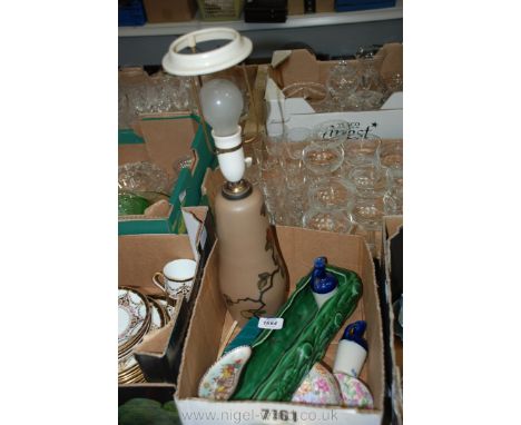 A box of china including a lamp, etc