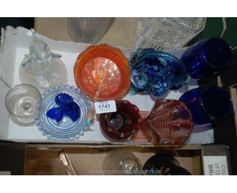 A quantity of glass ware including two Bristol blue wine glasses, a glass dolphin, a swizzle stick, carnival glass, a small c