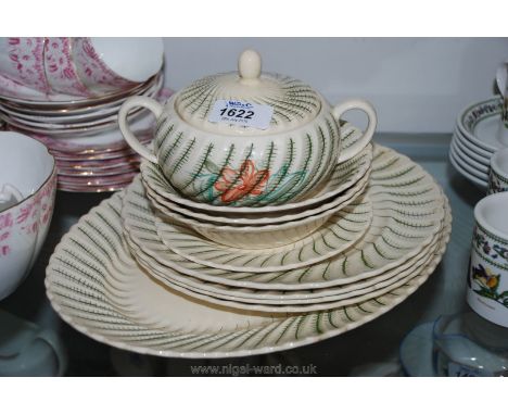 A quantity of Susie Cooper china including meat plate, three fruit bowls, four plates and a two handled sucrier and lid