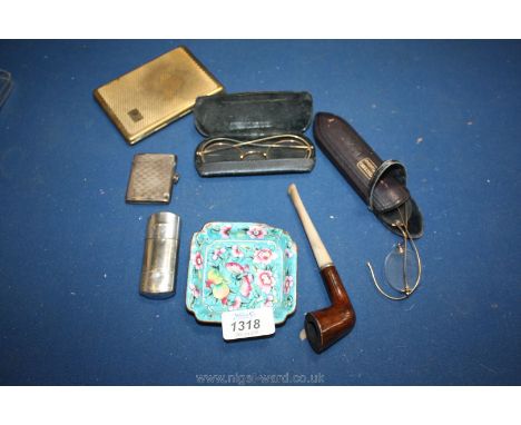 A pair of gold wire mounted Spectacles in a case, Silver vesta Case, old pipe and cigarette Case, etc