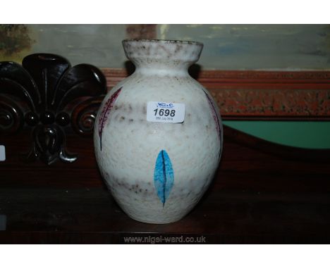 A vintage German ceramic Pot with stone effect ground surrounded by stylised leaf design in pink and blue, 8" tall