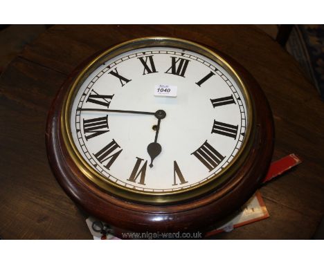 A darkwood cased Wall Clock having simple single train movement, the white face with Roman numerals, 15 1/4'' diameter