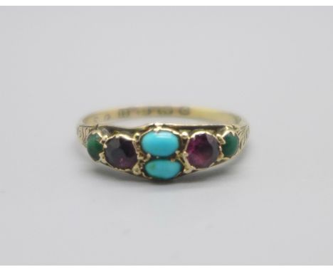 A Victorian 12ct yellow gold ring set with rubies and turquoise, Birmingham 1865, 1.6g, P 