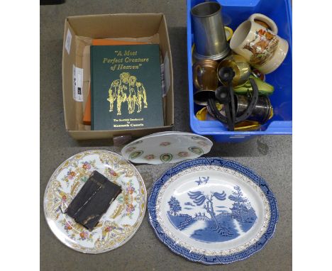 A collection of items including fruit shape dishes, books, a brass miniature tray, tankards, a candle stick, etc.  **PLEASE N