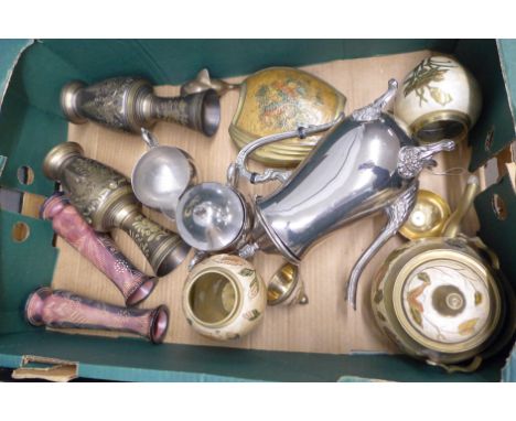 A three piece plated tea service, other metalware and a pair of vases  **PLEASE NOTE THIS LOT IS NOT ELIGIBLE FOR POSTING AND