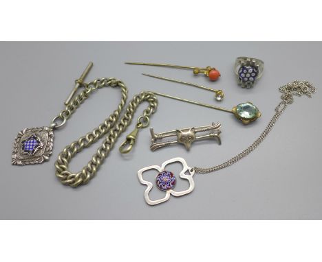 Jewellery including Carrick jewellery, a silver and millefiori pendant, stick pins, etc. 