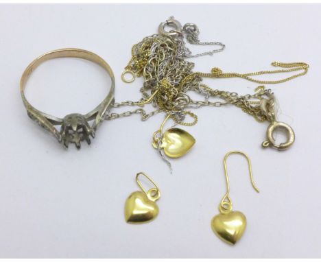 Scrap gold 18ct and 9ct,  1.3g, 9ct gold and sliver ring a/f and two other white metal chains 