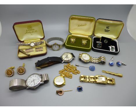 A collection of jewellery and wristwatches, including silver cufflinks, a silver tie-pin and a silver and marcasite cocktail 