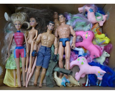Three Action Man figures, seven dolls including Barbie and twenty-one horse and unicorns including My Little Pony 