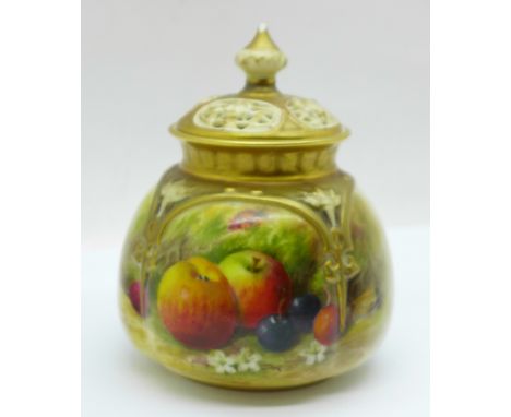 A Royal Worcester lidded pot pourri vase, signed Ricketts, finial a/f 