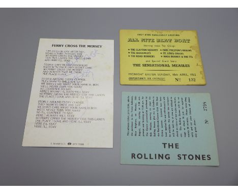 A Rolling Stones ticket for New Brighton 1964, an All Nite Beat Boat ticket 1965 and a Gerry and the Pacemakers autographed p