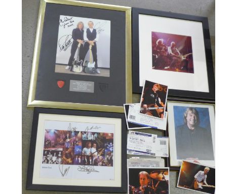 Status Quo pictures, some signed with a collection of concert ticket stubs 