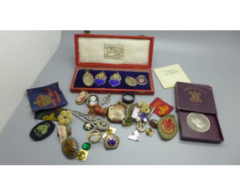 Two silver and enamel Sword Dancers Competition fob medals, two Butlin's badges, other badges, jewellery and a Festival of Br
