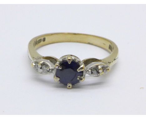 A 9ct gold, sapphire and diamond ring, 2.3g, N 