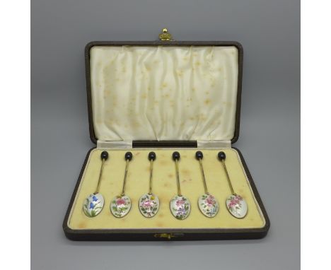 A set of six silver and enamel spoons, Birmingham 1941, one with shallow chip to the enamel, associated box 