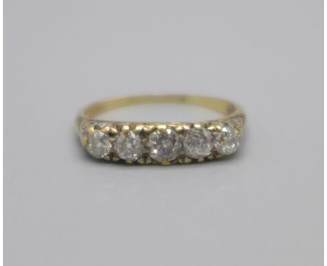 A Victorian yellow metal five stone diamond ring, 2.6g, O 