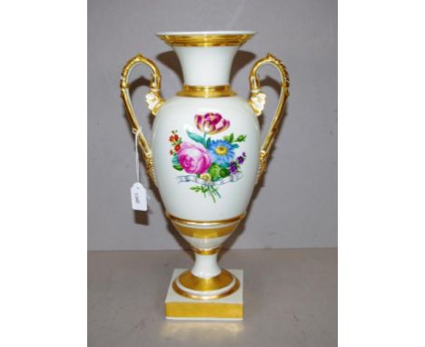 Vintage Austrian porcelain mantle vase hand painted floral decoration, dual handled (1 with restoration), with gilded highlig